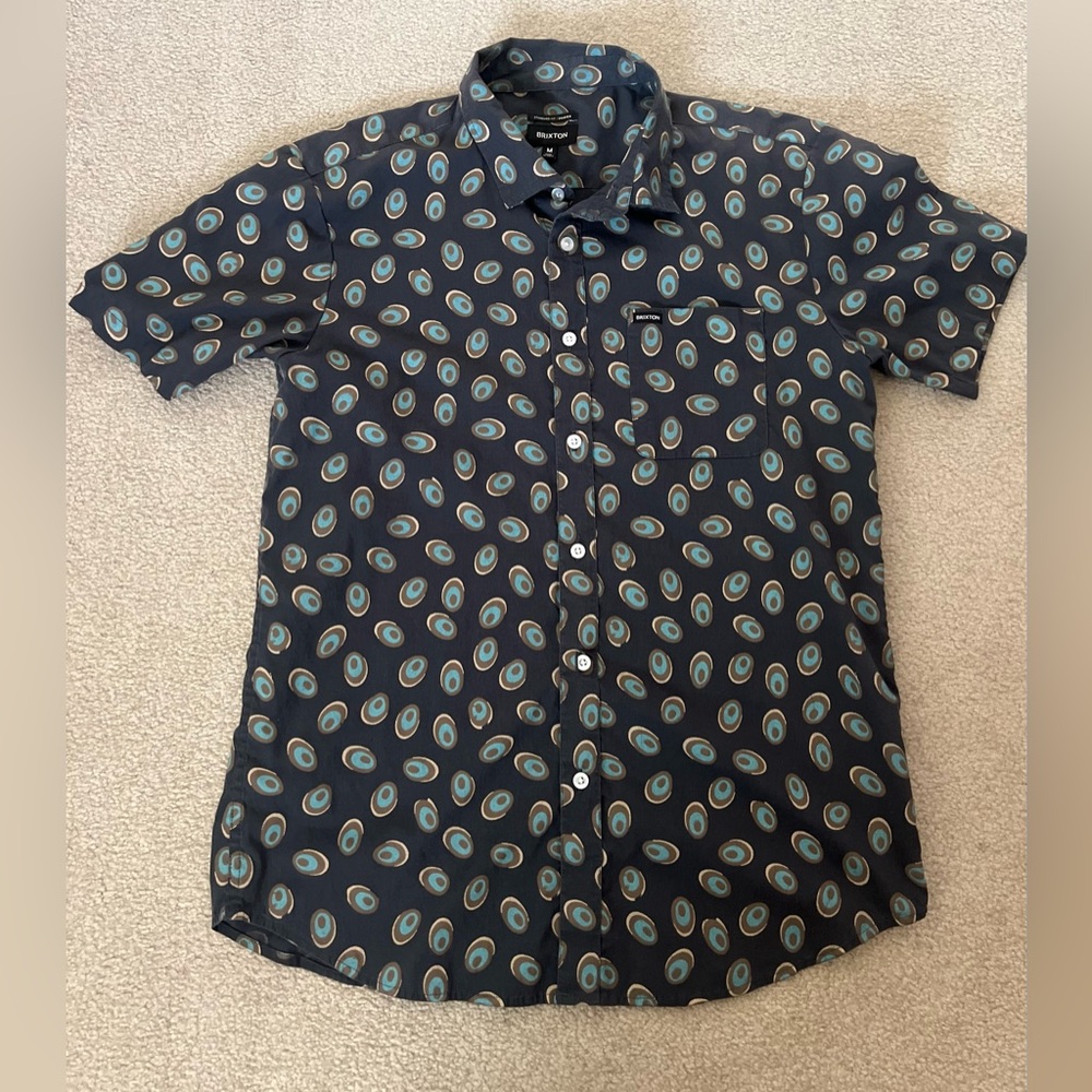 Brixton Black and Blue Casual Button Down Shirt with Peacock Feathers Print